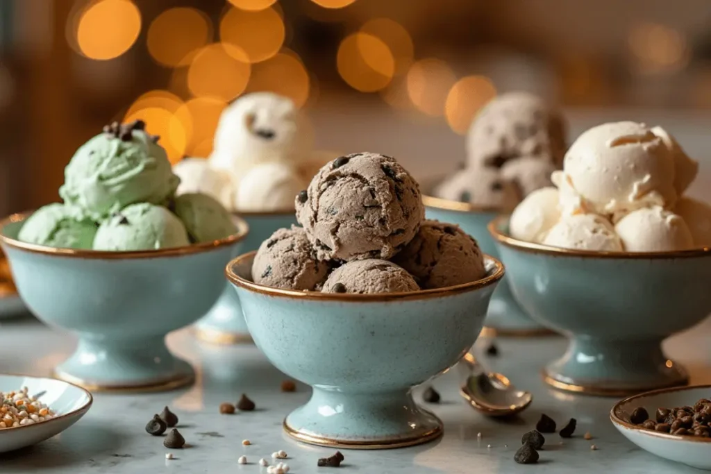 Elegant dessert bowls filled with Blue Bell ice cream flavors, including mint chocolate chip, cookies 'n cream, and vanilla, with chocolate chips and toppings scattered around on a marble table.