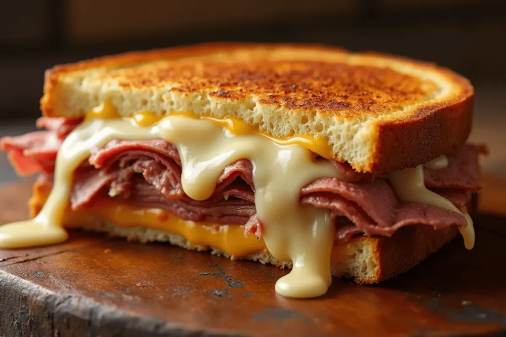 A hot, grilled cheese and pastrami sandwich with melted cheese oozing from the sides, served on golden, toasted bread.