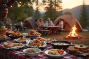 A picnic table filled with a variety of easy camping meals, including foil packet dishes, soup, and fresh bread, set against the backdrop of a campfire, tents, and people enjoying the outdoors at sunset.