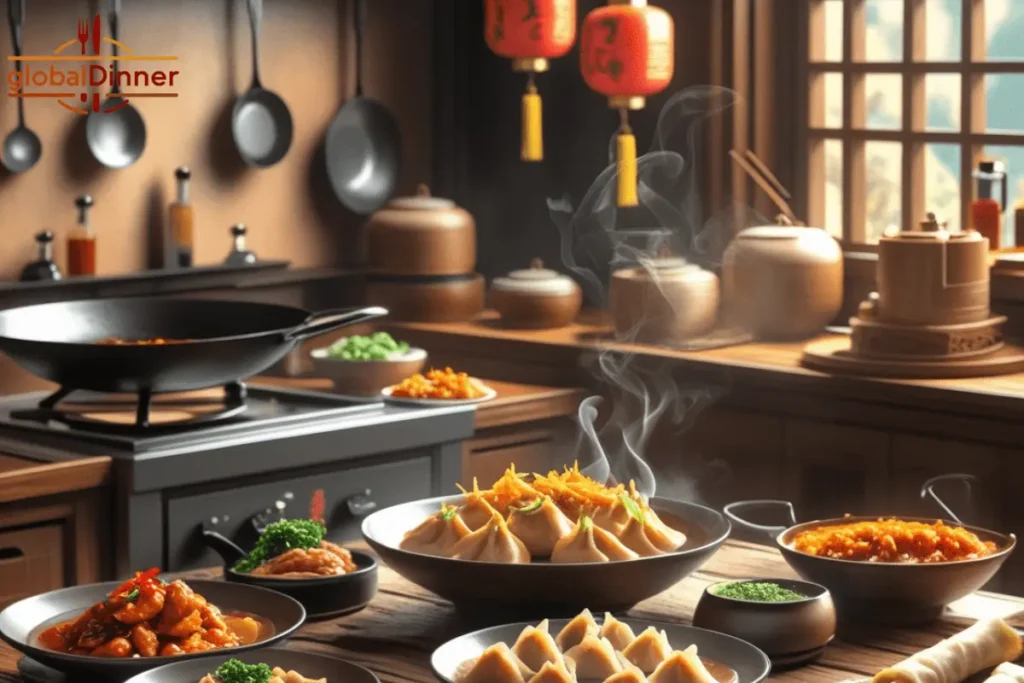 A traditional Chinese kitchen with steaming dumplings, stir-fried dishes, and fresh ingredients displayed on a wooden counter, accompanied by hanging red lanterns and cooking utensils.