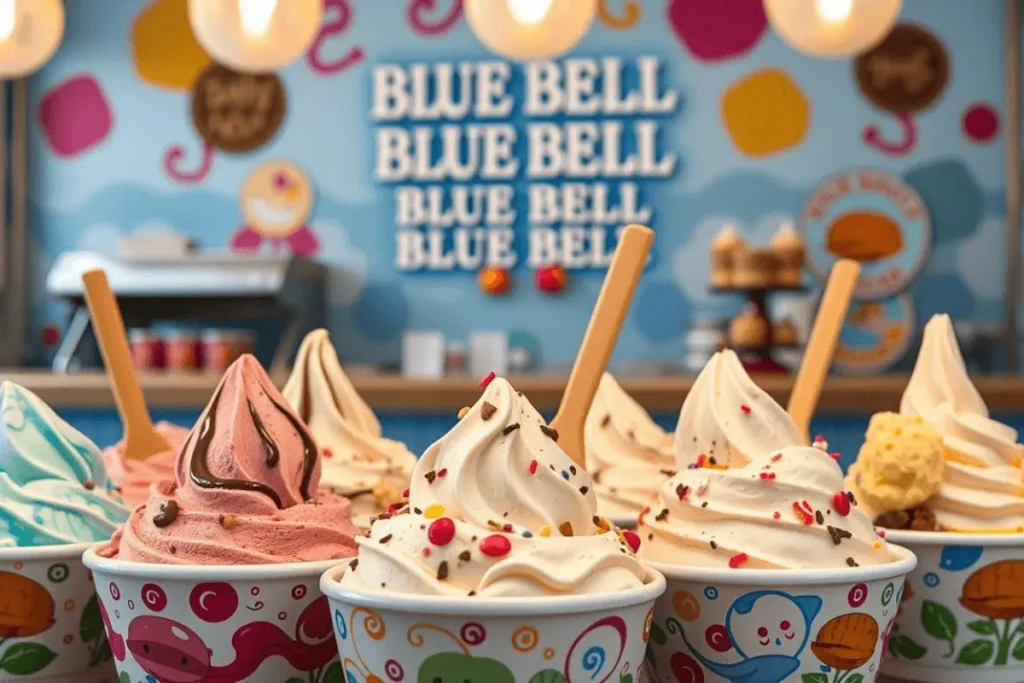 Brightly colored soft-serve Blue Bell ice cream cups topped with sprinkles and chocolate, set against a cheerful Blue Bell-themed background.