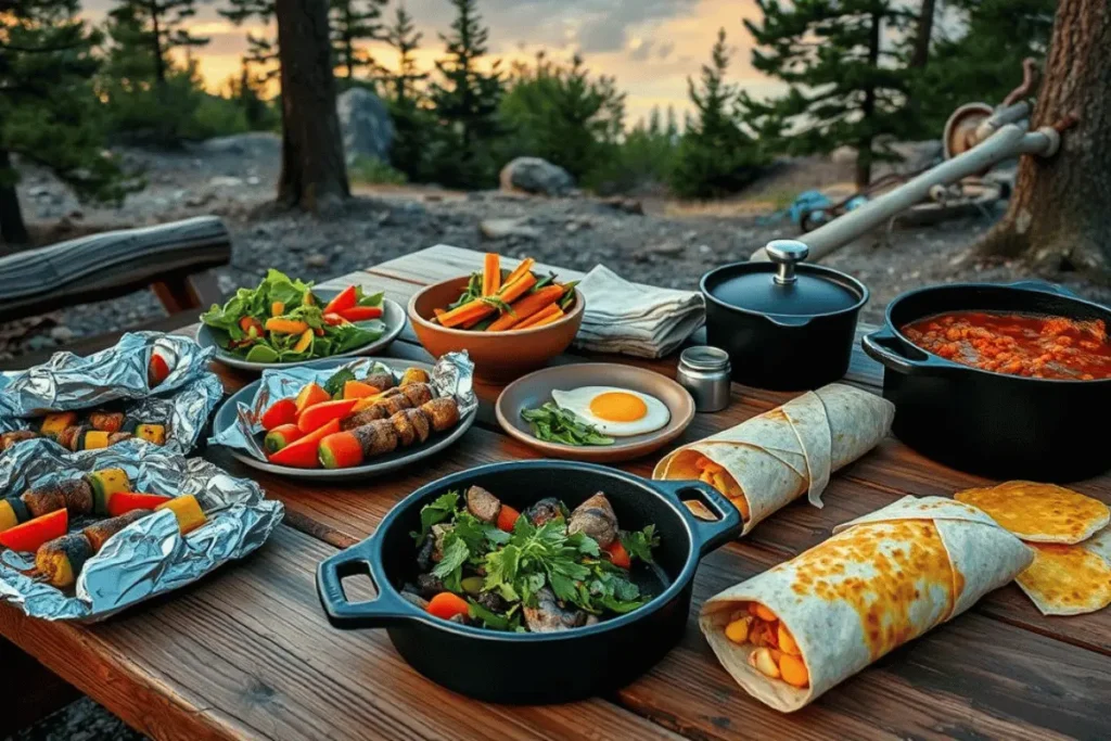 A rustic outdoor dining table featuring a variety of colorful camping meals, including foil-wrapped skewers, fresh salads, tortillas, a fried egg, and a pot of stew, set amidst a forested campsite at sunset.