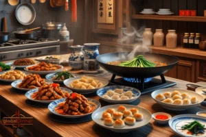 A traditional Chinese kitchen showcasing an array of authentic dishes on a wooden counter, including dumplings, sweet and sour chicken, stir-fried greens, and steaming soup in a wok with vibrant ingredients.