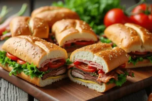 Freshly made deli sandwiches with layers of roast beef, crispy bacon, lettuce, tomato, and mustard, served on sesame seed rolls