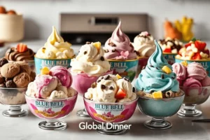 An assortment of Blue Bell ice cream flavors presented in elegant glass bowls, featuring colorful scoops with toppings like chocolate chips, fresh fruit, and drizzles, under the Global Dinner branding.