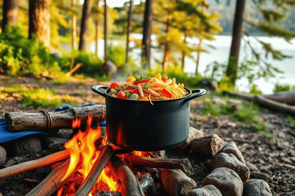 A black pot filled with colorful pasta and vegetables cooking over an open campfire, surrounded by a serene forest and lake backdrop.