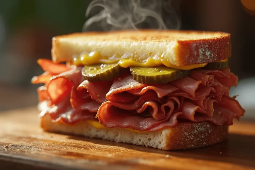 A steaming hot pastrami sandwich with layers of pastrami, melted cheese, mustard, and pickles, served on toasted bread.