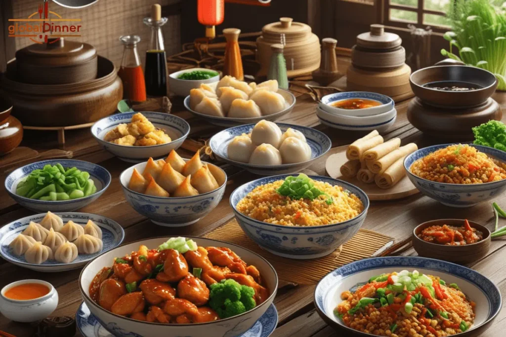 A beautifully arranged wooden table showcasing a variety of traditional Chinese dishes, including dumplings, sweet and sour chicken, spring rolls, fried rice, and steamed vegetables, all served in decorative blue and white ceramic bowls.