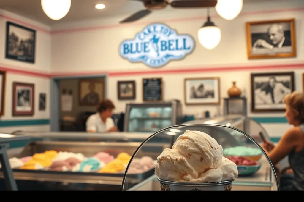 A scoop of Blue Bell ice cream served in a metal bowl, with the interior of a Blue Bell ice cream parlor in the background, showcasing a retro ambiance with framed photos and a classic Blue Bell logo.