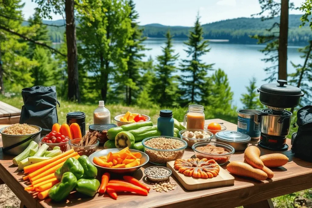 A wooden picnic table filled with fresh vegetables, grains, bread, and cooking supplies, set in a peaceful lakeside forest with a portable camping stove.