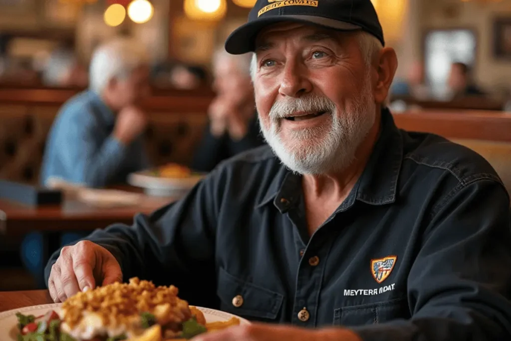 A veteran enjoying a free meal at a casual dining restaurant like Applebee's on Veterans Day, with a festive and warm atmosphere.