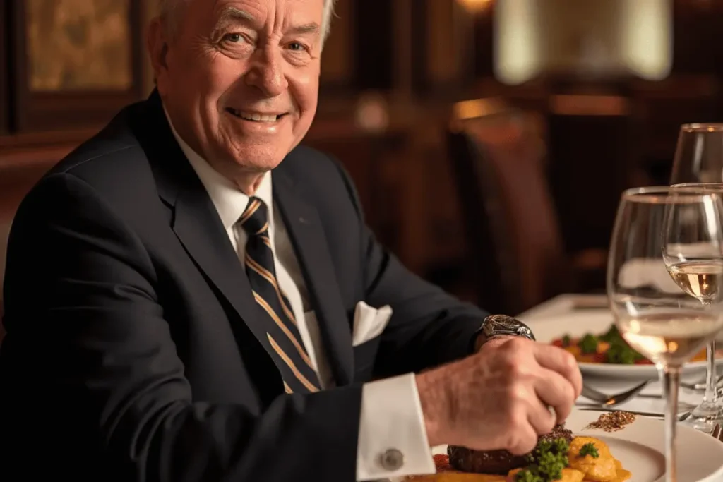 A veteran enjoying a special three-course dinner at a fine dining restaurant like Ruth’s Chris Steak House on Veterans Day.