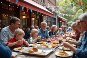 Veterans Day celebration at a restaurant with families and veterans enjoying meals outdoors, decorated with patriotic banners and flags.