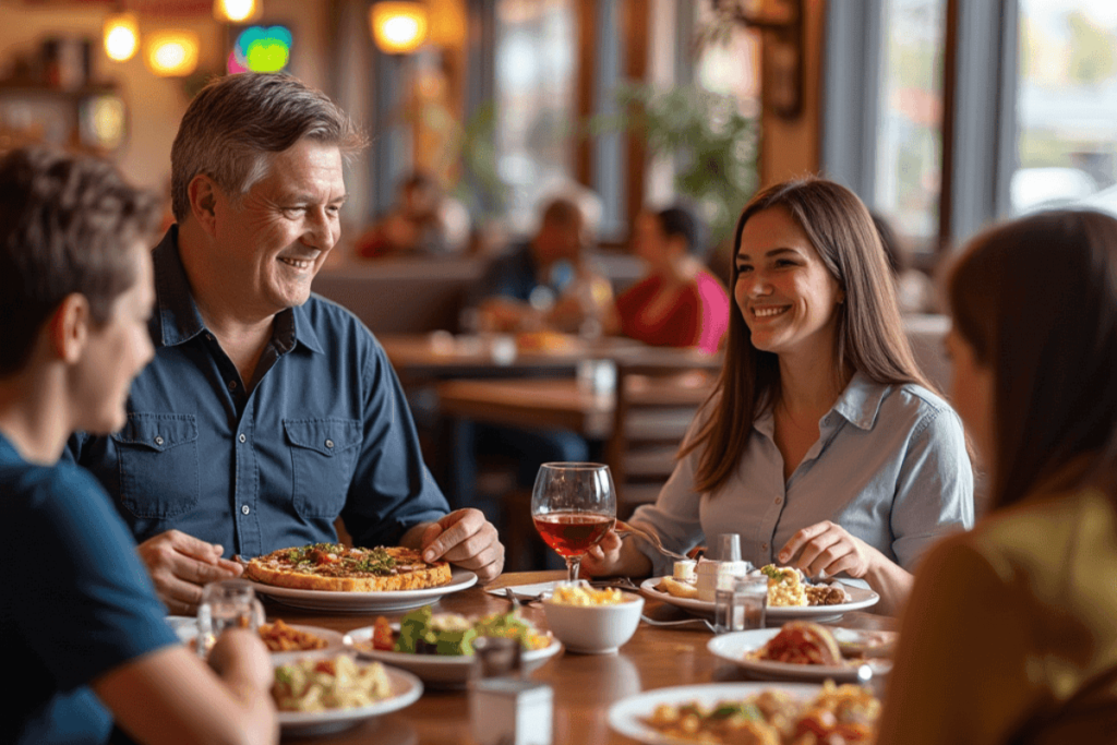 A veteran enjoying a free meal at a casual dining restaurant like Applebee's on Veterans Day, with a festive and warm atmosphere.