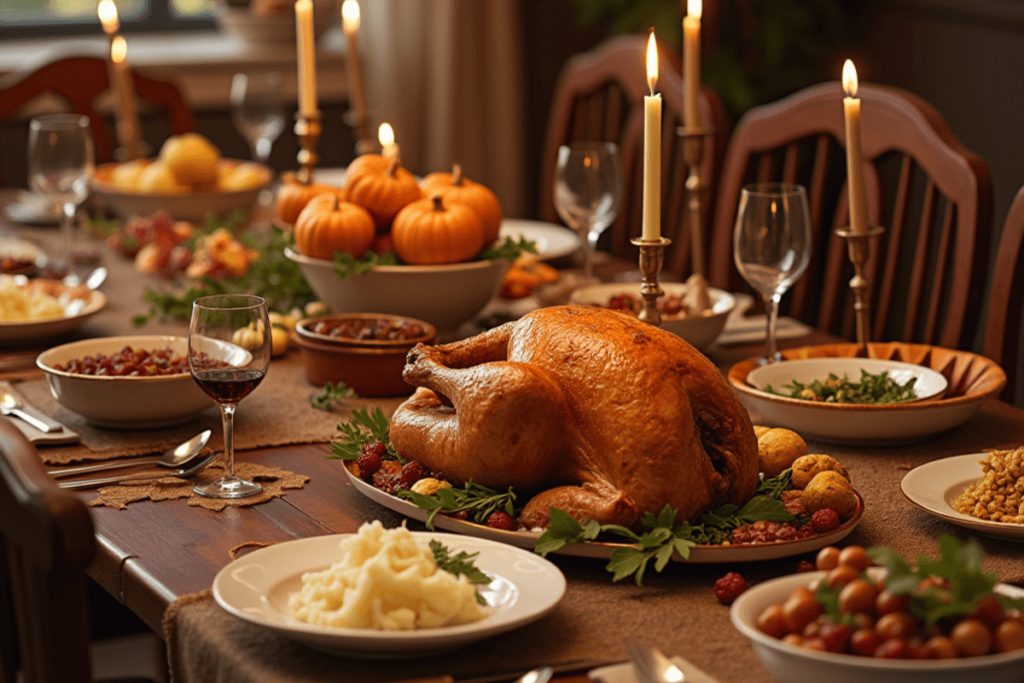 Cozy family gathering around a Thanksgiving dinner table, enjoying a traditional meal together.