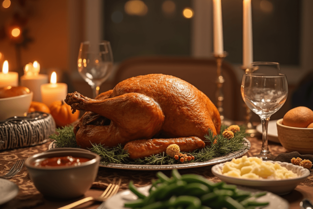 A beautifully set Thanksgiving dinner table with roasted turkey, sides, and festive decorations, ready for a family feast.