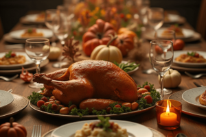 Festive Thanksgiving dinner table with turkey, mashed potatoes, stuffing, and autumn decorations