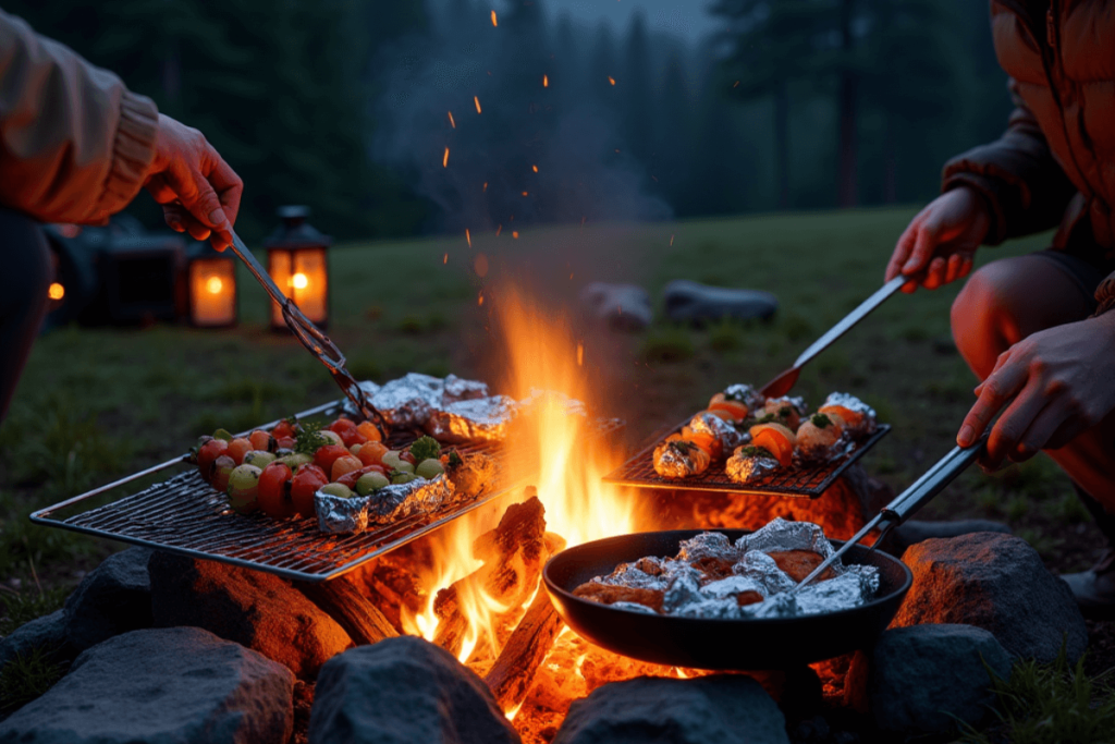 Campfire cooking scene with skewers of vegetables and foil packet meals being grilled over a glowing campfire, surrounded by a peaceful forest setting.