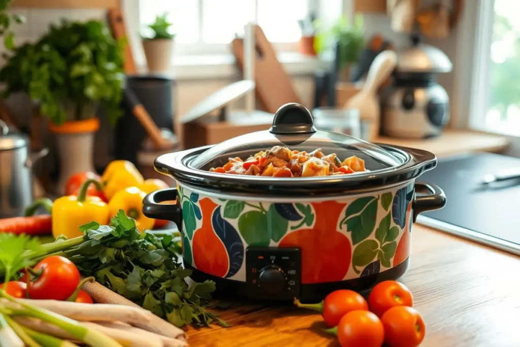 Steamingand Easy Crockpot meal with fresh vegetables and herbs on a kitchen counter, showcasing easy and joyful cooking.