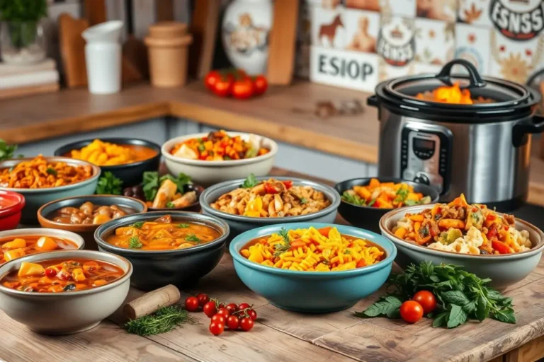 A Easy Crockpot Meals and modern Crockpot filled with a hearty, steaming meal (like stew or chili) on a kitchen counter, surrounded by fresh vegetables, herbs, and spices, with a cozy, joyful atmosphere.