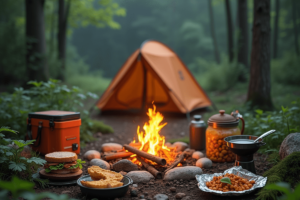 A cozy campsite with a glowing campfire surrounded by plates of food, a bright orange tent, and a portable cooler in a forest setting.