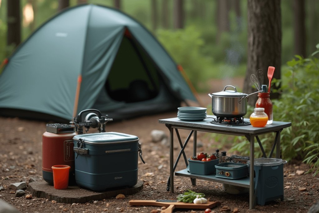 A camping kitchen setup with a portable stove, cooking utensils, and fresh ingredients near a tent in a forest setting.