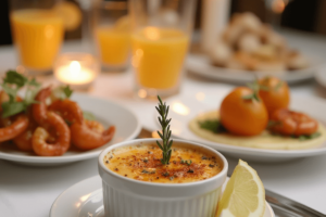 Gourmet seafood dinner with Crab Brulee as the centerpiece, accompanied by grilled shrimp, a fresh salad, and elegant garnishes like thyme and lemon.