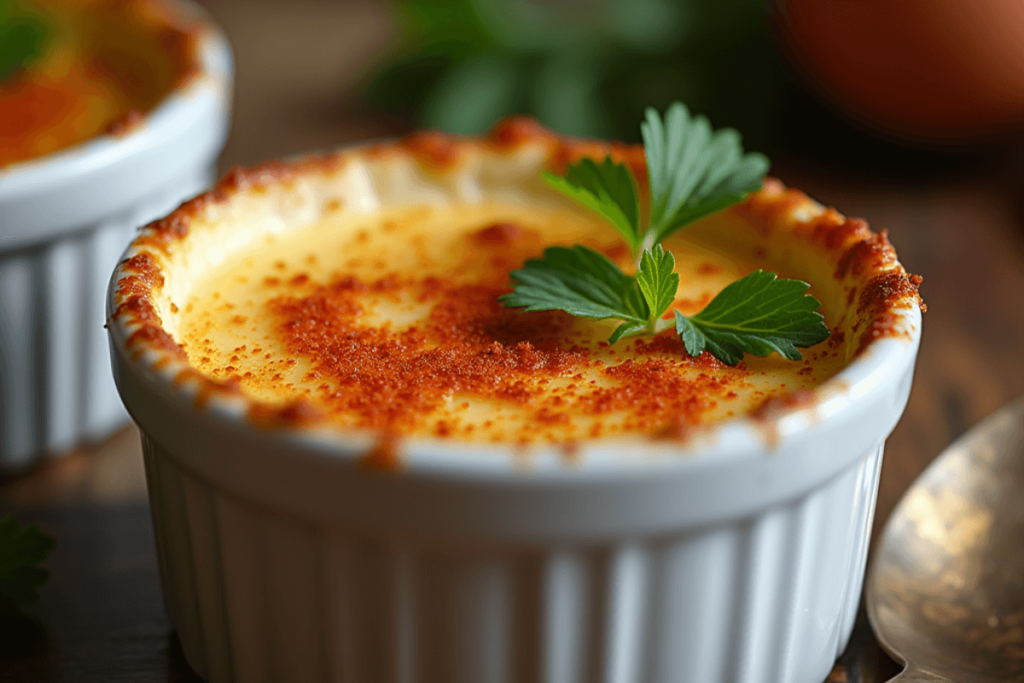 Elegant dinner table setting featuring Crab Brulee as the centerpiece, surrounded by grilled shrimp, a small salad, and garnished with thyme and lemon.